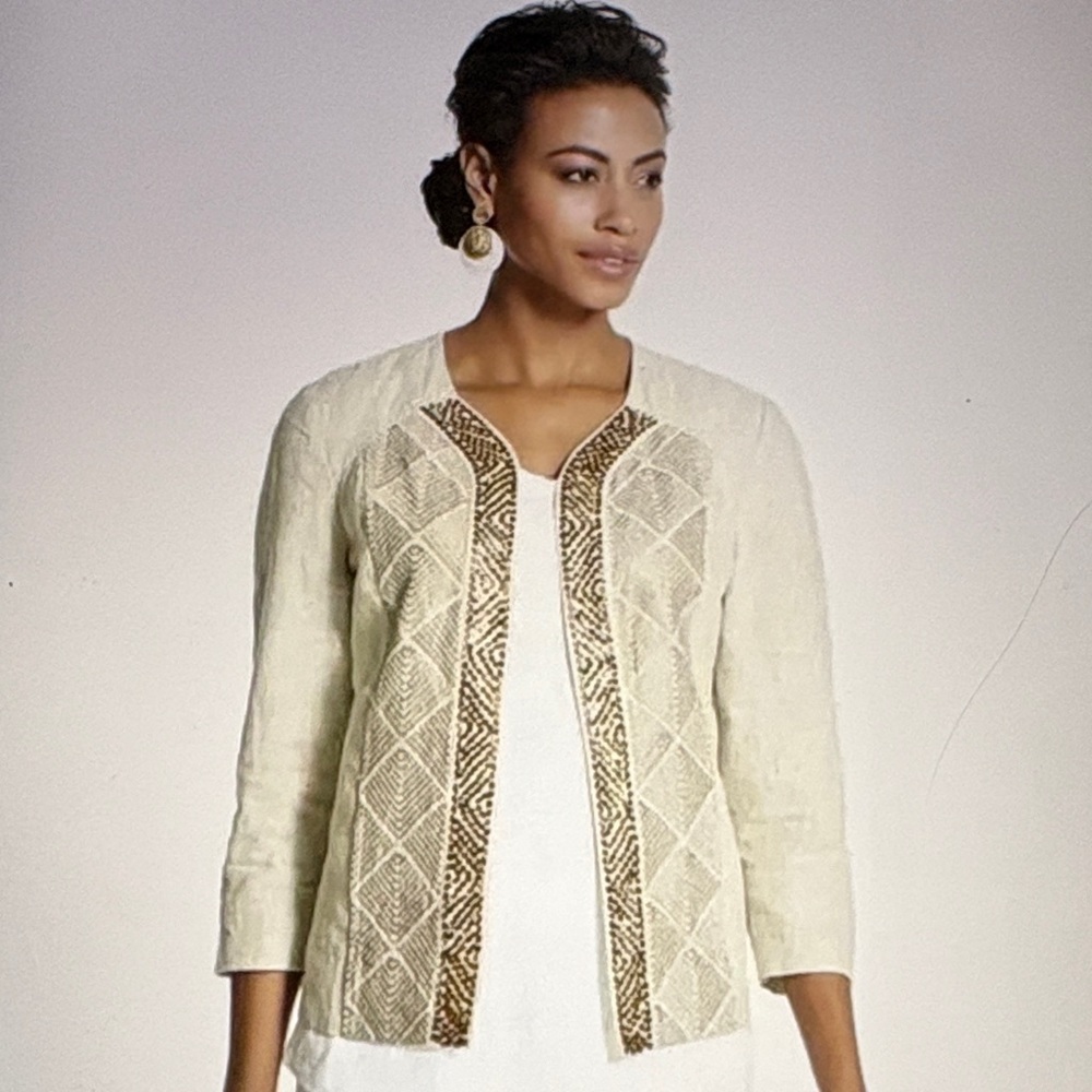 Chico’s Linen Open Lady Jacket Beaded Embroidered Beige Size Medium